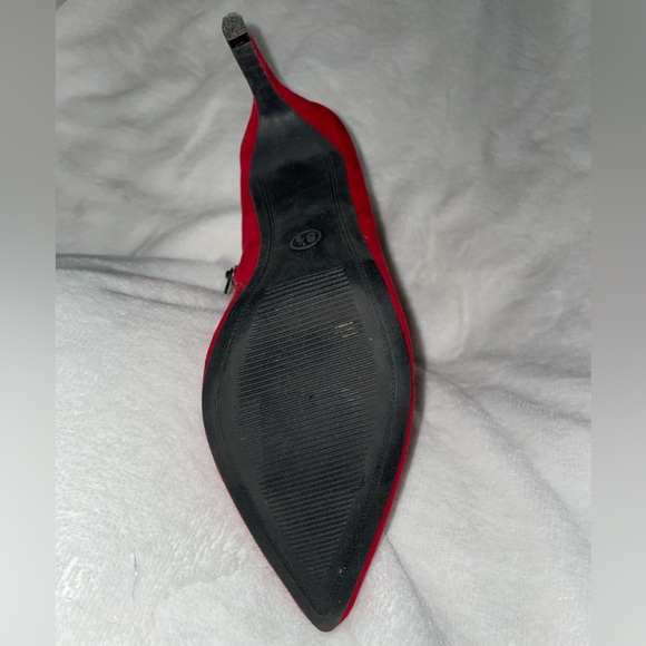 Red Faux Suede Ankle Bootie.  Pointed toe, stiletto heel, never worn. - Picture 4 of 6